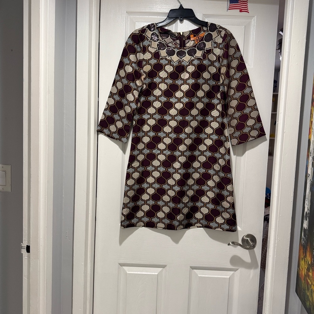 Tory Burch Burgundy and Cream Long Sleeve Dress